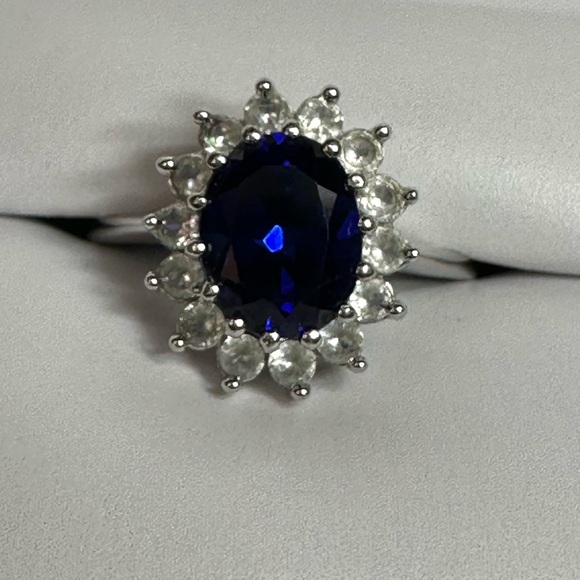 Lab created Blue and White Sapphire Diana Ring - Picture 6 of 7